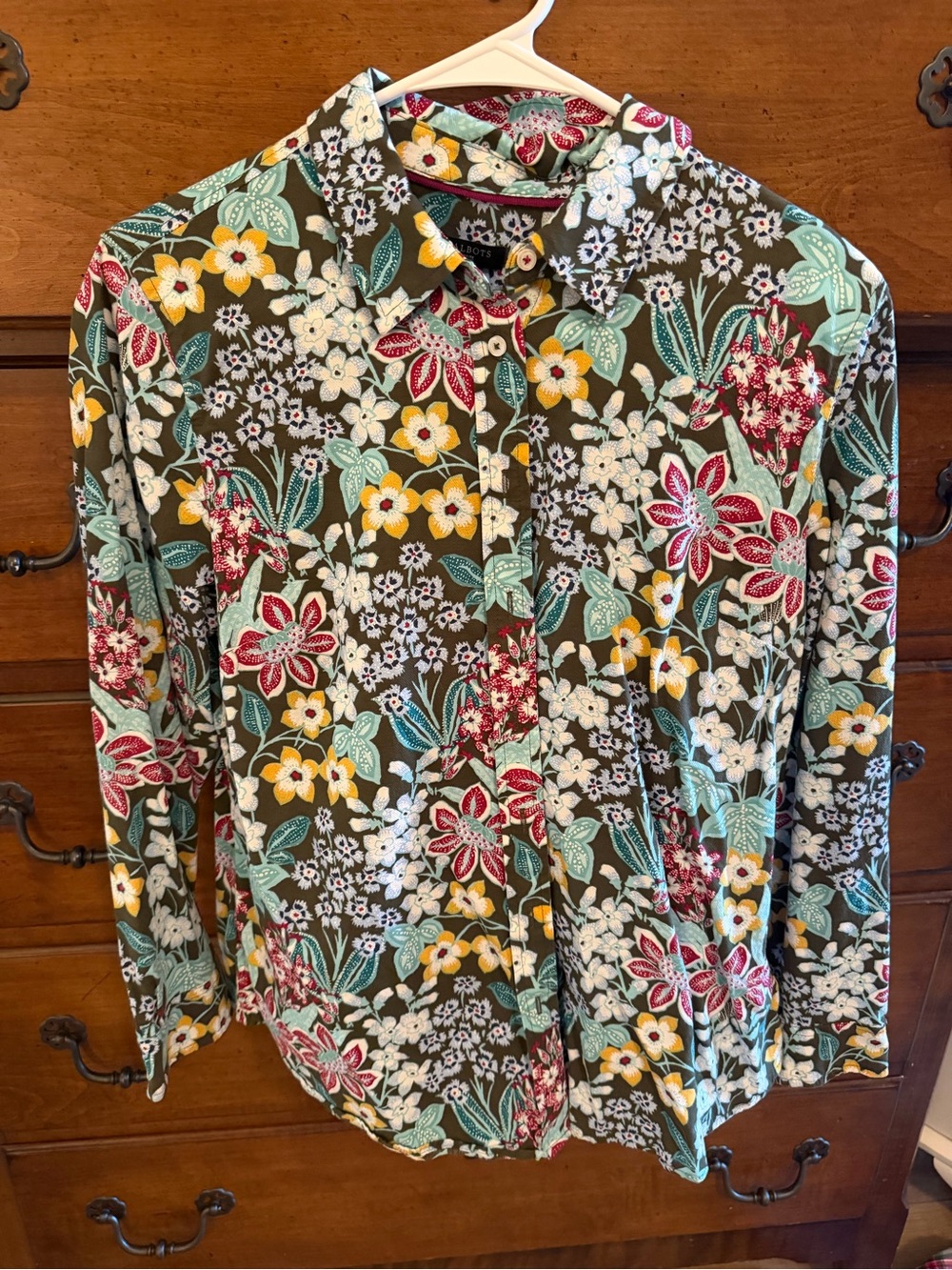 Talbots Olive Floral Blouse with Mint and Red Accents